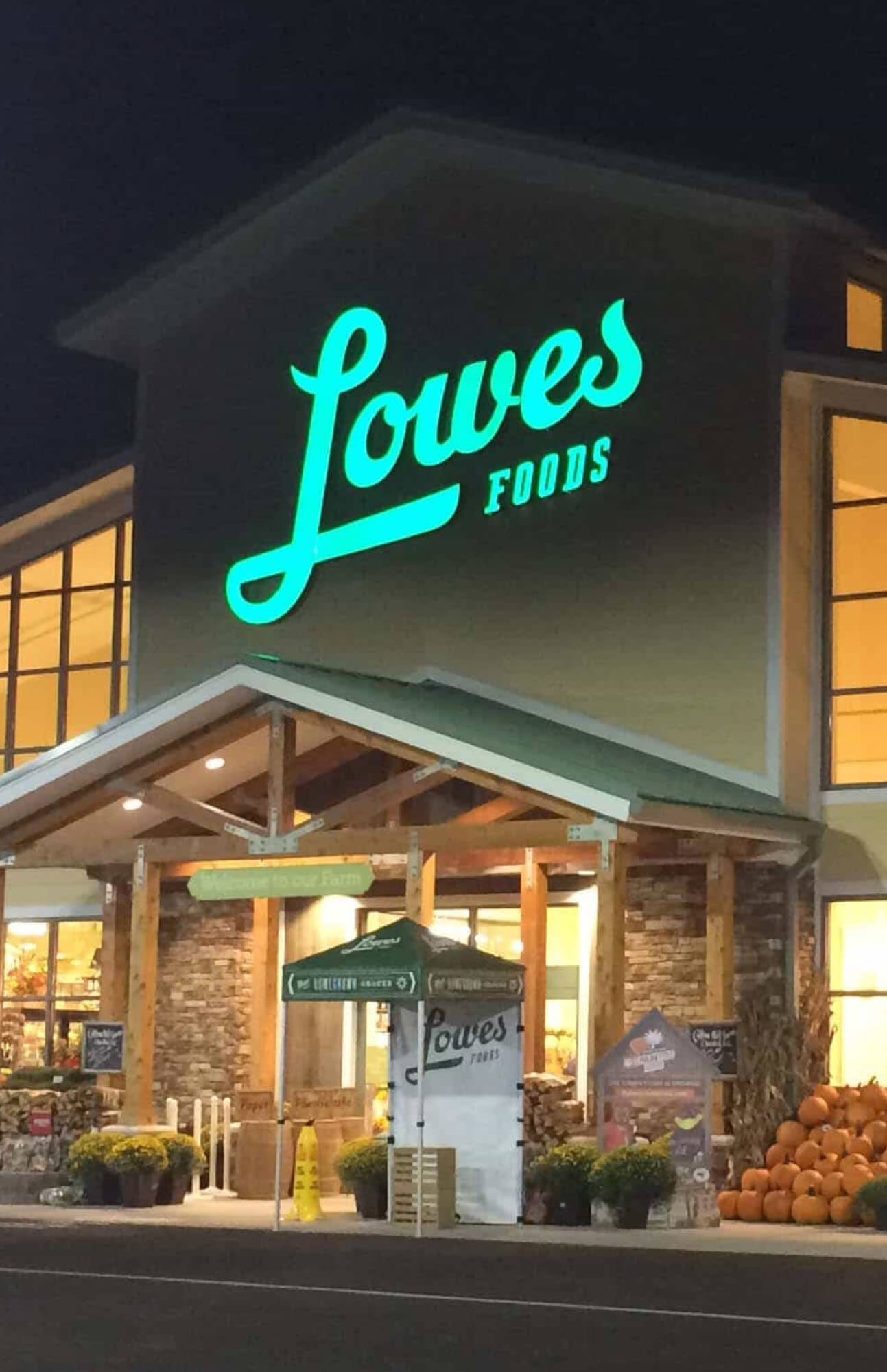 A night-time shot outside U.S. supermarket chain Lowes Foods