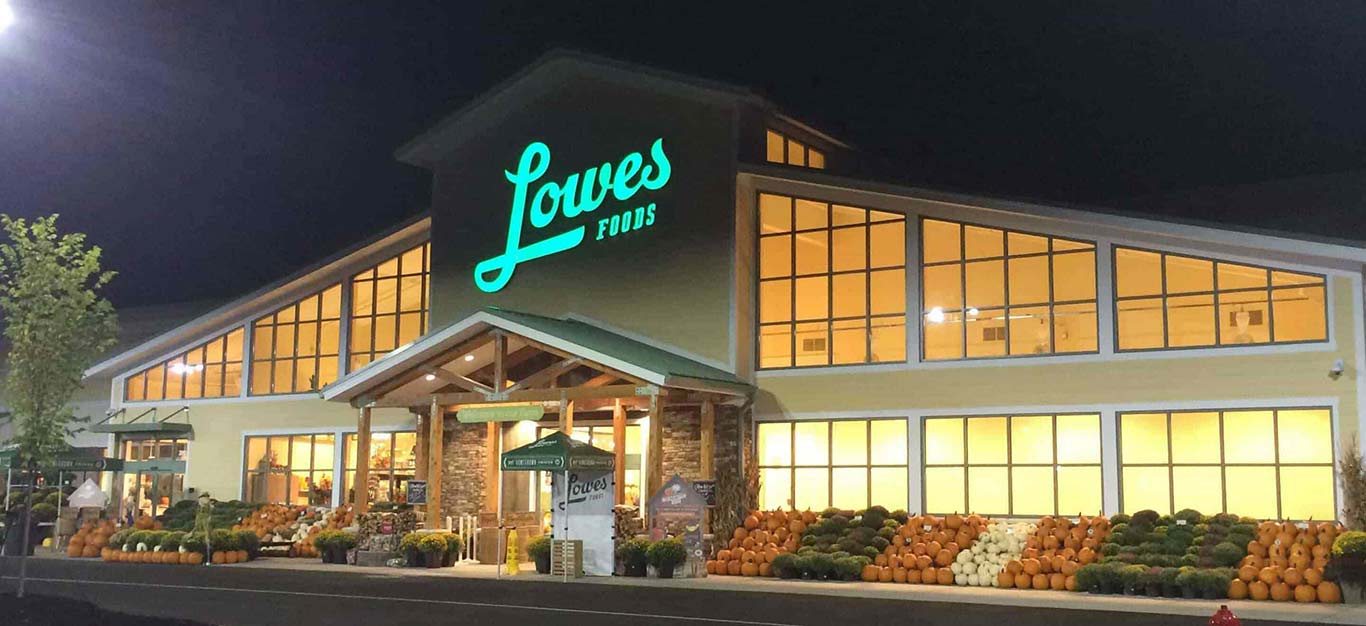 A night-time shot outside U.S. supermarket chain Lowes Foods